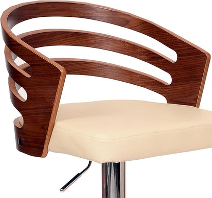Armen Living Adele Modern Adjustable Height Swivel Cream Faux Leather and Walnut Wood Bar Stool with Chrome Base for Kitchen Island Counter