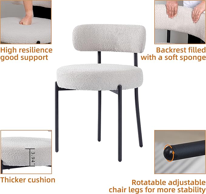 DYHOME Light Grey Boucle Dining Chairs Set of 2, Mid Century Modern Upholstered Kitchen Chairs with Curved Backrest and Black Metal Legs