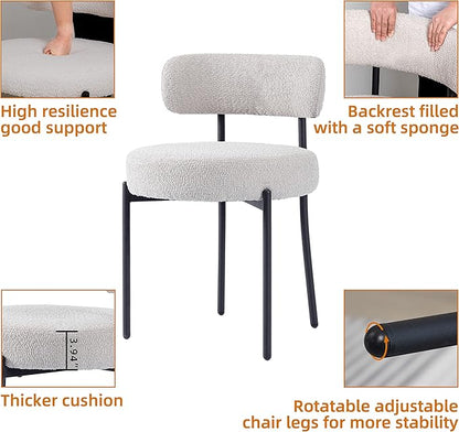 DYHOME Light Grey Boucle Dining Chairs Set of 2, Mid Century Modern Upholstered Kitchen Chairs with Curved Backrest and Black Metal Legs