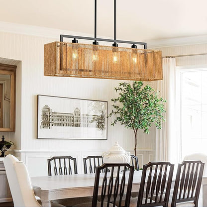 4-Light Rattan Chandeliers for Dining Room, Boho Chandelier 32 Inch Rattan Light Fixture Farmhouse Linear Lighting Wicker Rectangular Chandelier for Kitchen Island Bar