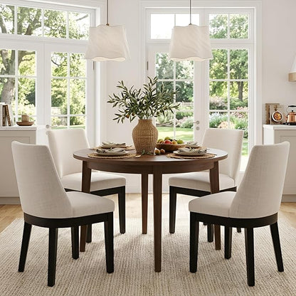 HNY Modern Dining Chairs Set of 4 with Comfortable Back Support, Farmhouse Soft Linen Upholstered Dining Room Chairs with Black Solid Wood Legs, Armless Kitchen Side Chairs for Living Room, Beige