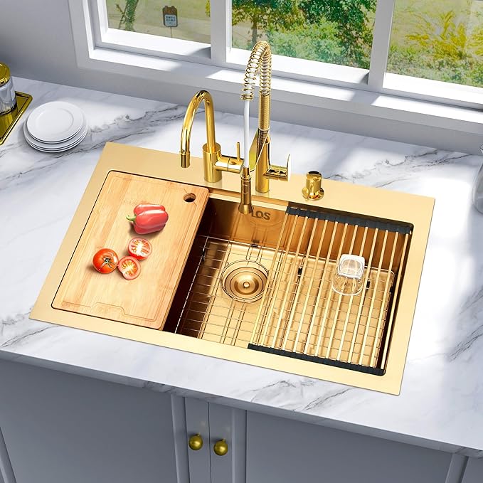 LQS Gold Kitchen Sink 33x22, Gold Drop In Kitchen Sink with 3 Holes, 33 Inch Large Top Mount Stainless Steel Handmade Sturdy 16 Gauge T304 with Abundant Accessories, R10 Round Corner