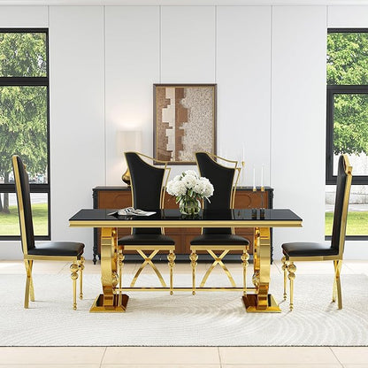 7-Piece Modern Dining Table Set, 70" Back Tempered Glass Kitchen Table with Gold Polished Stainless Steel U-Shaped Pedestal Base and 6 Black High Back Chairs with X-Shaped Legs, for Dining Room