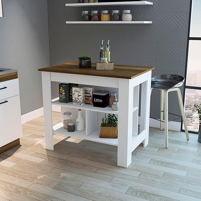GOWE Brooklyn Kitchen Island, Three Concealed Shelves