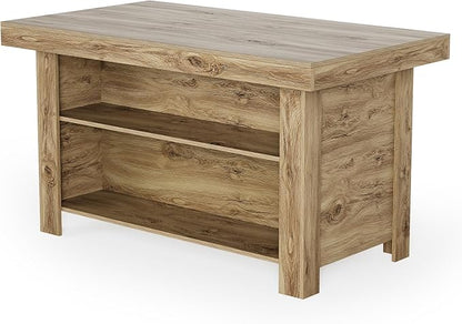 LITTLE TREE 55 Inches Kitchen Island with Storage, 3-Tier Farmhouse Wooden Stationary Island Table with Large Worktop & Leg Room, Modern Coffee Bar Table with Storage Shelf for Kitchen, Oak