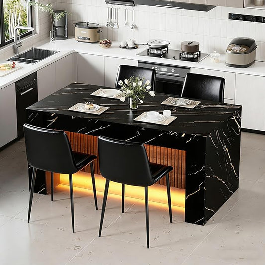 Faux Imitation Dining Table with 4 Velvet Dining Chairs Set, Marble Stripes Kitchen Island Table with Grille Design for 4-6, Luxury Island with LED Lights for Home Kitchen. (Black)