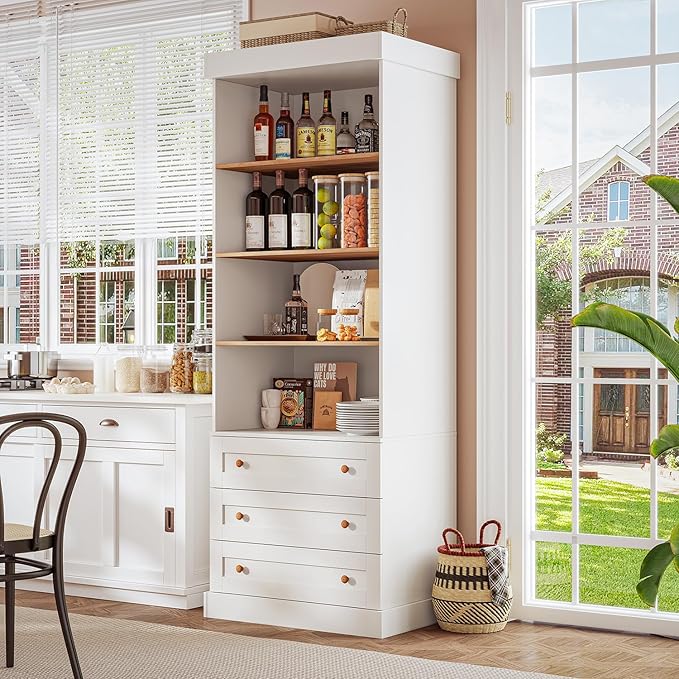 ivaniti 71" Tall Farmhouse Kitchen Pantry, Large Storage Cabinet with Adjustable Shelves, 3 Drawer, Wood Versatile Hutch Cabinet for Dining Room, Living Room, White