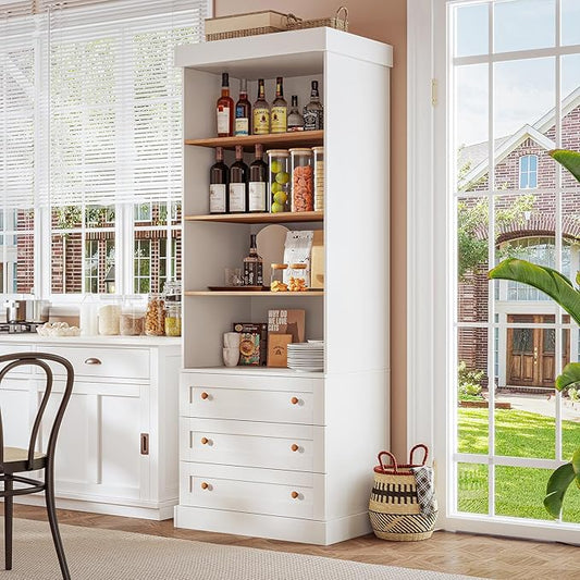 ivaniti 71" Tall Farmhouse Kitchen Pantry, Large Storage Cabinet with Adjustable Shelves, 3 Drawer, Wood Versatile Hutch Cabinet for Dining Room, Living Room, White