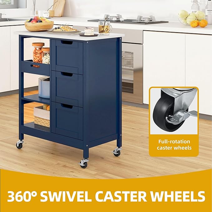 DWVO Solid Wood Top Rolling Kitchen Island Cart, 3 Tier Mobile Kitchen Storage Island Cart with 3 Drawers and 3 Opening Storage Shelves for Kitchen & Dining Area, Navy Blue