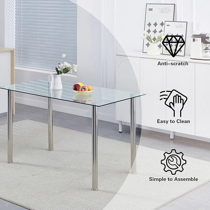 Glass Dining Table for 4-6, Modern Dining Room Table with 51.2" Clear Tempered Glass top and Chrome Silver Legs for Kitchen, Small Space