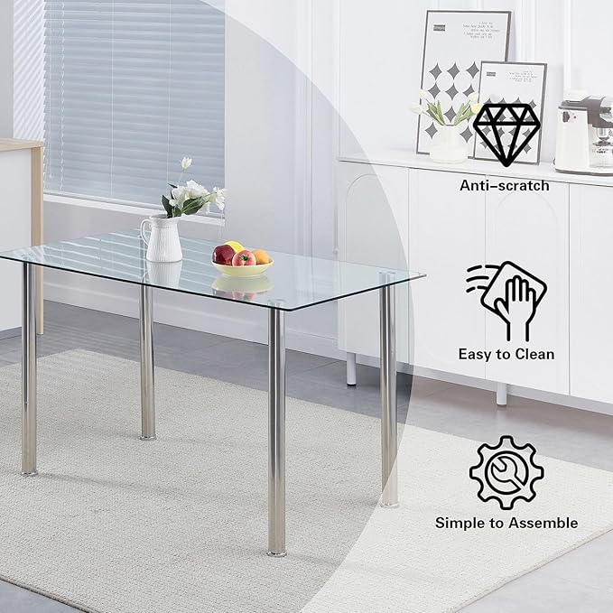 Glass Dining Table for 4, Modern 47" Clear Table with Chrome Silver Legs and Tempered Glass top for Kitchen, Small Space