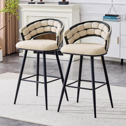 Set of 2 Beige Velvet Bar Stools with Black Iron Legs, Kitchen Island Counter Height Stools