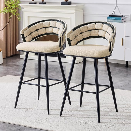 Set of 2 Beige Velvet Bar Stools with Black Iron Legs, Kitchen Island Counter Height Stools