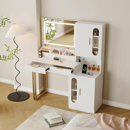 IDEALHOUSE Fluted Vanity Desk with Mirror and Lights, 45" Makeup Vanity with Large Cabinets, Drawers, Dressing Table with 3 Color Lighting Modes, Built-in Charging Station for Bedroom, White