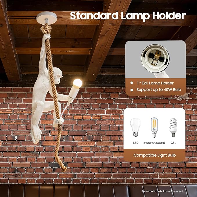 Vintage Monkey Pendant Light Retro Resin Hemp Rope Monkey Lamp 13.7 x 78.7 Inch Hanging Light Fixture E26 Chandelier Ceiling Pendant Lamp for Dining Living Room Bar Cafe (White - Pendant Light)