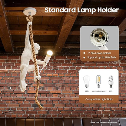 Vintage Monkey Pendant Light Retro Resin Hemp Rope Monkey Lamp 13.7 x 78.7 Inch Hanging Light Fixture E26 Chandelier Ceiling Pendant Lamp for Dining Living Room Bar Cafe (White - Pendant Light)