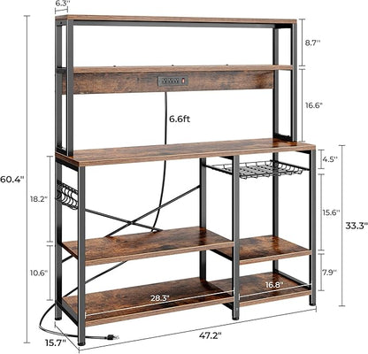 SUPERJARE Bakers Rack with Power Outlet, 47.2 Inches Coffee Bar with 3 Level-Adjustable Open Shelves, Wire Basket, Kitchen Microwave Stand with 6 S-Shaped Hooks, Rustic Brown