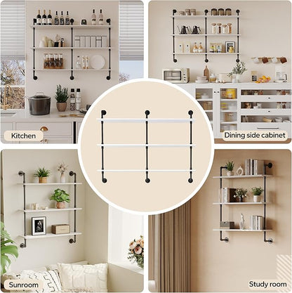 3-Tier Industrial Pipe Floating Shelf – Rustic 48 inch Wood Wall-Mounted Storage Shelf for Kitchen Office,Bathroom & Home Decor -White