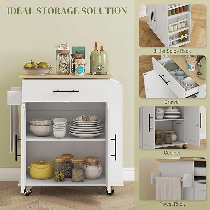 GOWE Kitchen Island with Storage, Rolling Kitchen Cart with AC Outlets and USB Ports, Microwave Stand with Towel and Spice Rack, White