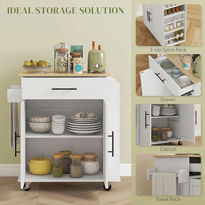 GOWE Kitchen Island with Storage, Rolling Kitchen Cart with AC Outlets and USB Ports, Microwave Stand with Towel and Spice Rack, White