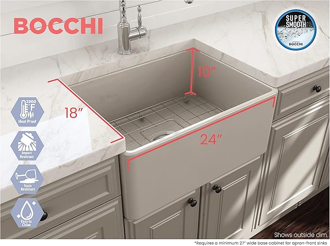 BOCCHI Classico Farmhouse Apron Front Fireclay 24 in. Single Bowl Kitchen Sink with Protective Bottom Grid and Strainer in Biscuit