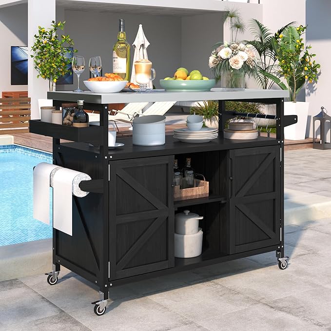 Modern Dining Table Outdoor Kitchen Island with Cabinet, Rolling Bar Cart, Farmhouse Solid Wood Grill Table with Stainless Steel Top, Spice Rack, Towel Rack for Kitchen Dining Room Tables,Blac