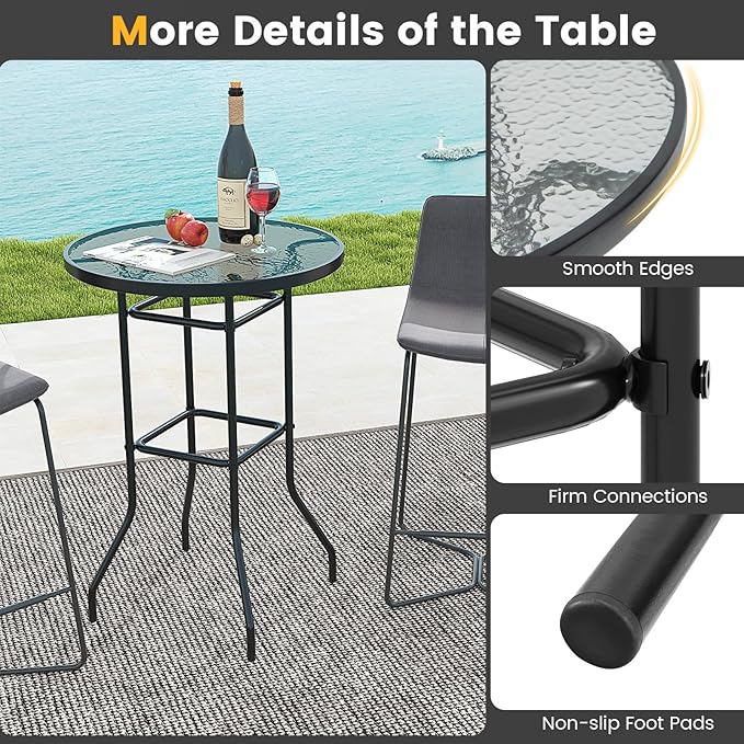 Giantex Patio Bar Table, 38" Height High Top Bistro Table, 27" Round Tempered Glass Tabletop, Heavy-Duty Metal Frame, Outdoor Table for Bistro Porch Garden Balcony