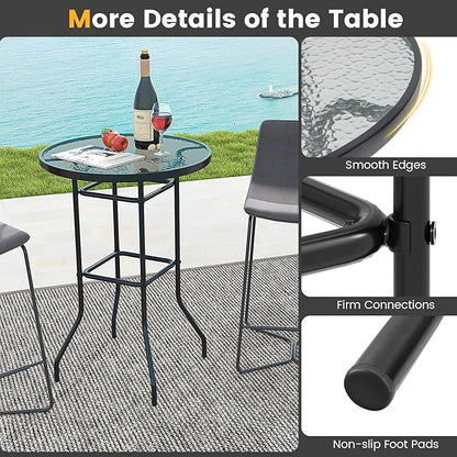 Giantex Patio Bar Table, 38" Height High Top Bistro Table, 27" Round Tempered Glass Tabletop, Heavy-Duty Metal Frame, Outdoor Table for Bistro Porch Garden Balcony