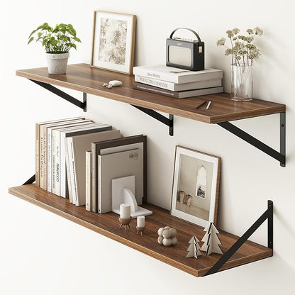 Fun Memories 40 Inch Floating Shelves, 10 Inch Deep Wall Shelf, 40 x 10 Floating Shelf Set of 2, Wood Floating Shelf Wall Mounted, Large Kitchen Living Room Bedroom Storage Shelves, Walnut