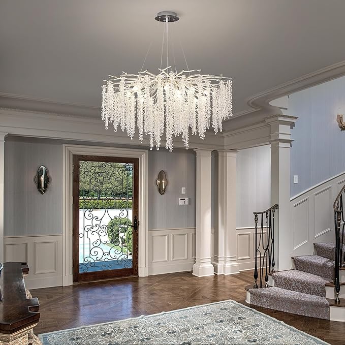 Crystal Tree Branches Chandeliers Luxury Round Raindrop Pendant Light Fixture Ceiling Hanging Light for Dining Room Bedroom Living Room Entryway D31.5“ Silver