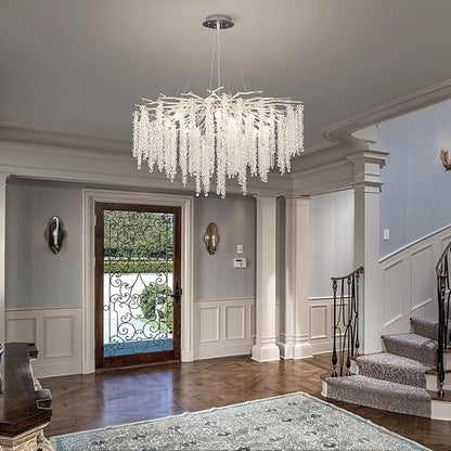 Crystal Tree Branches Chandeliers Luxury Round Raindrop Pendant Light Fixture Ceiling Hanging Light for Dining Room Bedroom Living Room Entryway D31.5“ Silver
