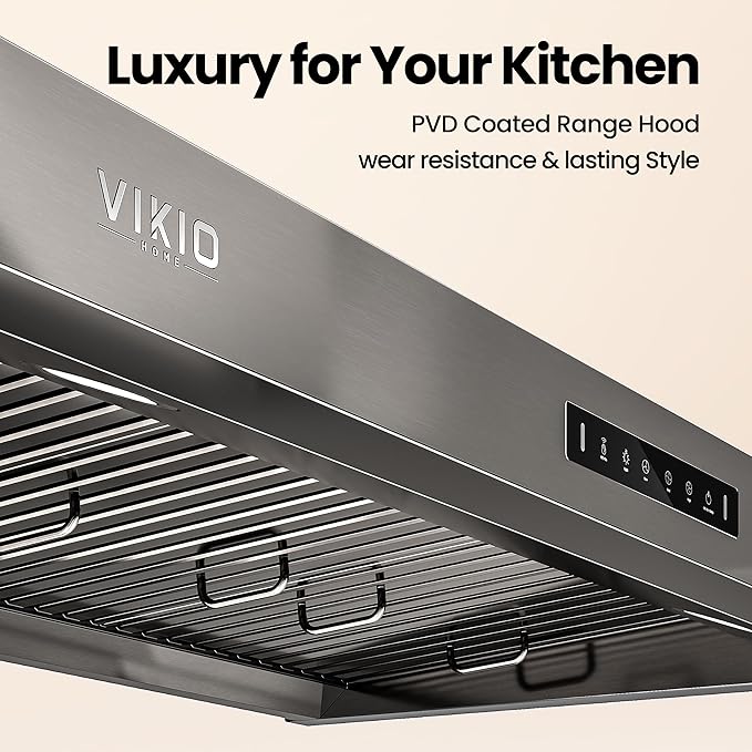 VIKIO HOME 30 inch Range Hood Stainless Steel(PVD), Black Stove Hood with 1200 CFM with 1.5 Sones Quiet,3 Speed Exhaust Fan Hood Vents for Kitchen,Under Cabinet Range Hood with GU10 LED Lights