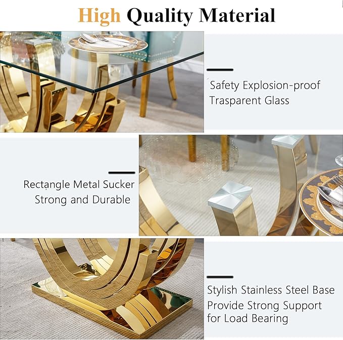 70" Luxury Glass Dining Table for 4 to 6 People, Modern Dining Room Table, Tempered Glass Top & Mirrored Finish Stainless Steel Pedestal, Large Rectangle Kitchen Dining Table Long Dinner Table, Gold
