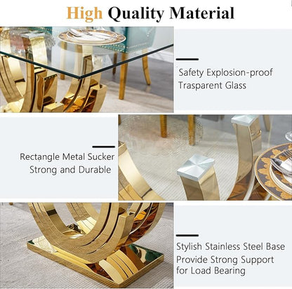 70" Luxury Glass Dining Table for 4 to 6 People, Modern Dining Room Table, Tempered Glass Top & Mirrored Finish Stainless Steel Pedestal, Large Rectangle Kitchen Dining Table Long Dinner Table, Gold