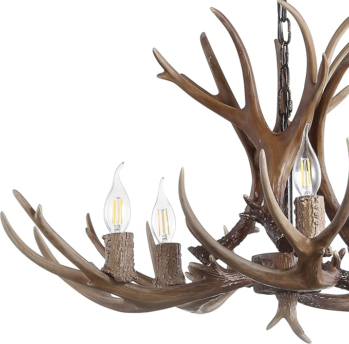 JONATHAN Y 30" Brown Rustic Resin Antler 5-Light LED Chandelier, Farmhouse Faux Deer Horn Hanging Ceiling Light for Dining Room, Kitchen Island, Adjustable Light Fixture (JYL6300A)