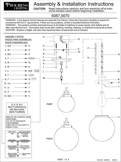 Progress Lighting 1-Light Clear Glass Farmhouse Pendant Light, Penn Collection, Indoor, P5070-104, Polished Nickel