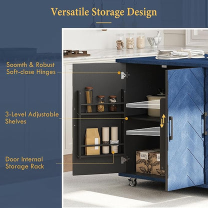 Navy Blue#015 51.2" W 3D Wave Stripes Ash Veneer Kitchen Island with Drop Leaf, Farmhouse Style on Wheels, Rolling Cart with Internal Storage Rack