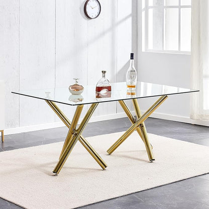 71” Rectangle Dining Table, Large Modern Dining Table for 6–8 People with 0.4" Thickened Tempered Glass Top, Glass Kitchen Table with Gold Metal Legs for Dining Room
