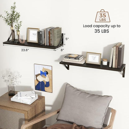 Axeman 24 Inch Black Floating Shelves | 8 Inch Deep Wall Shelves Set of 2 | 24''W x 8''D Rustic Black Wood Shelves for Bathroom Kitchen Living Room Bookshelf Home Office