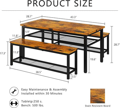 AWQM 43.3" Dining Table Set for 4, Kitchen Dining Table with 2 Benches, Dining Room Table Set with Metal Frame & Storage Rack for Kitchen, Restaurant, Rustic Brown