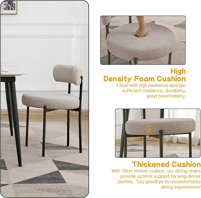EDWELL Boucle Dining Chairs Set of 2, Round Upholstered Dining Room Chairs with Black Metal Legs, Modern Kitchen Dining Room Chairs for Kitchen, Living Room