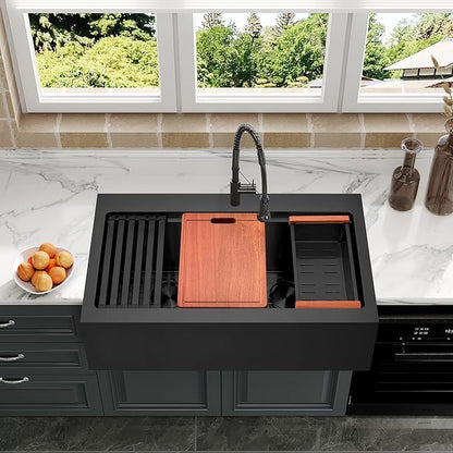 Black Farmhouse Kitchen Sink 36 x 22 Drop In, 50/50 Double Bowl Farm Sinks, 16 Gauge Stainless Steel Workstation Sink with Ledge & Accessories, 36" x 22" x 10" Large and Deep Double Sink
