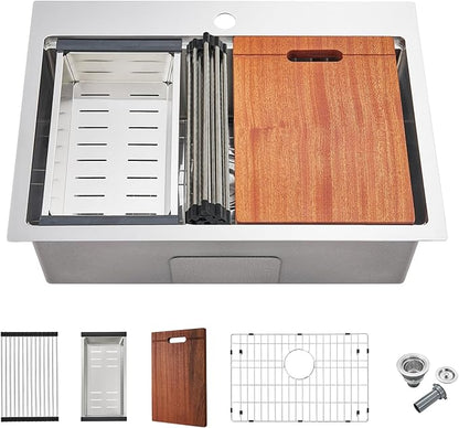 25-inch Workstation Kitchen Sink Drop In, 25x18 Inch 18 Gauge Stainless Steel Topmount Kitchen Sink Single Bowl with Cutting Board& Strainer