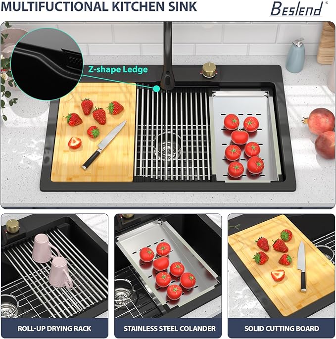 33 Waterfall Kitchen Sink - Beslend 33x22 inch Matte Black Granite Composite Waterfall Workstation Sink Drop In Waterfall Sink with Faucet, Topmount Dish Basin Above Counter Single Bowl