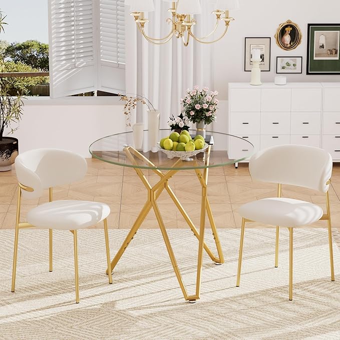 Glass Dining Table,35.4'' Round Dining Kitchen Table,Modern Dining Room Table with Gold Metal Base for Dining Room (Gold,35.4'')