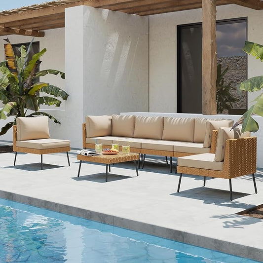 Aoxun Patio Furniture Set, 7 Piece Outdoor Sectional Sofas with Thick Cushion, Wicker Outdoor Patio Furniture Set with Coffee Table for Party, Garden, Backyard, Beige