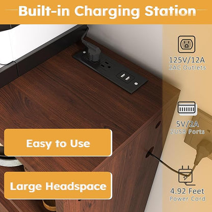Multifunctional Convertible Folding Dining Table with Integrated Sideboard Storage Cabinet Power Outlets USB Ports Drop Leaf Expandable Rolling Kitchen Island Workspace Console Desk Hutch (Walnut)