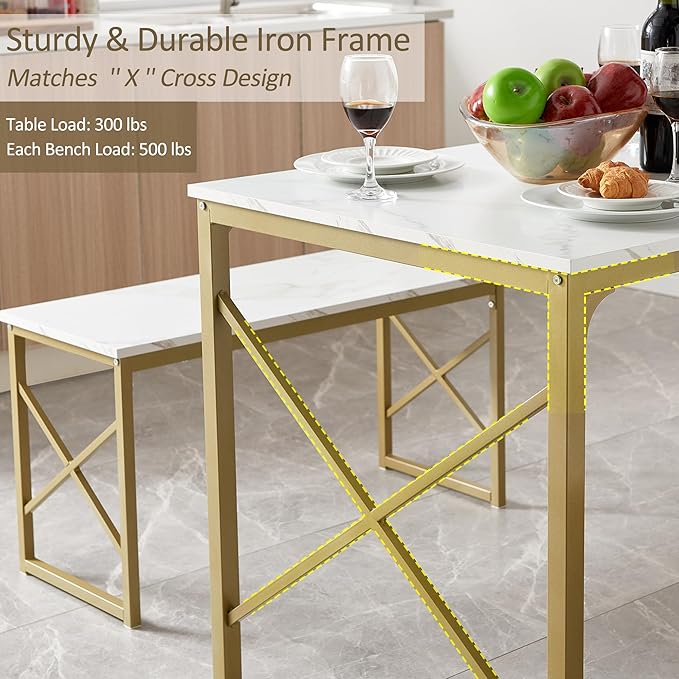 VECELO Kitchen Table with 2 Benches for 4, Wood Dining Room Dinette Sets with Metal Frame for Breakfast Nook and Small Space, Gold