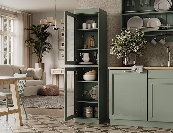 Palace Imports Solid Wood Kitchen Pantry Cabinet w/Frosted Glass Doors - Narrow Storage Cabinet - 16.5" Wide x 71.5" Tall - Sage, Adjustable Shelves, 100% Eco-Friendly Wood, Modular Cabinets
