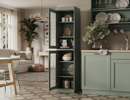 Palace Imports Solid Wood Kitchen Pantry Cabinet w/Frosted Glass Doors - Narrow Storage Cabinet - 16.5" Wide x 71.5" Tall - Sage, Adjustable Shelves, 100% Eco-Friendly Wood, Modular Cabinets